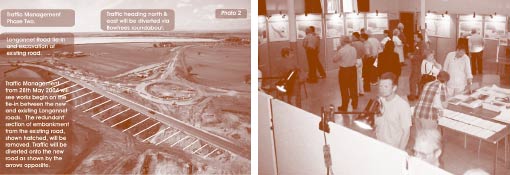 Figure 11. Web site screen shot showing future construction traffic detours for the Upper Forth Crossing in Scotland and photo of people at a public information meeting.