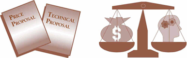 Figure 9. Illustration depicting common attributes of European best-value procurement procedures with a technical proposal and price proposal on the left, and balanced scales containing a moneybag and a human head on the right.