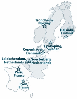 Map of sites visited which include Trondheim, Norway; Helsinki, Finland; Lynkoping, Sweden; Copenhagen, Denmark; Soesterberg, Netherlands; Leidschendam, Netherlands; Paris, France;Lyon, France