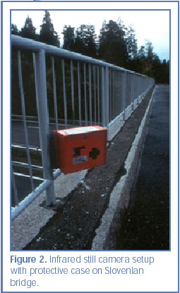Figure 2. Infrared still camera setup with protective case on Slovenian bridge.