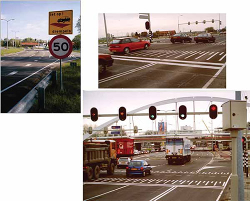 Figure 4-17. Advance warning signs and speed tables at intersections in the Netherlands.