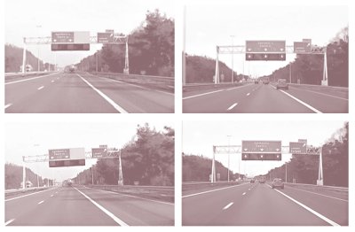 Photos of gantries with lane control signals that indicate when the right shoulder is available for drivers' use in the Netherlands.