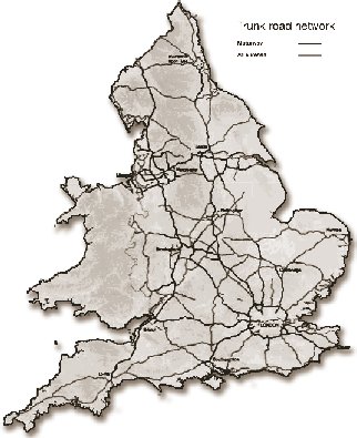 Map of network of motorways and all-purpose roads in England.