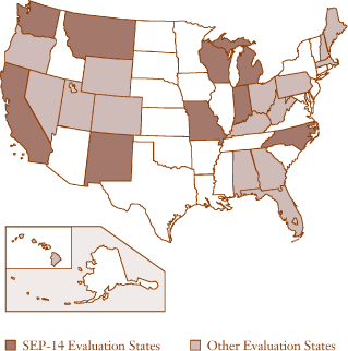 Figure 12. Map showing States using warranty evaluation in 1999, including Alabama, California, Colorado, Florida, Georgia, Indiana, Iowa, Kentucky, Maine, Massachusetts, Michigan, Montana, Nevada, New Hampshire, New Mexico, North Carolina, Ohio, Oregon, Pennsylvania, Utah, Washington, West Virginia, Wisconsin, and Wyoming.