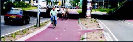 Urban bike facility parallel to roadway, The Netherlands