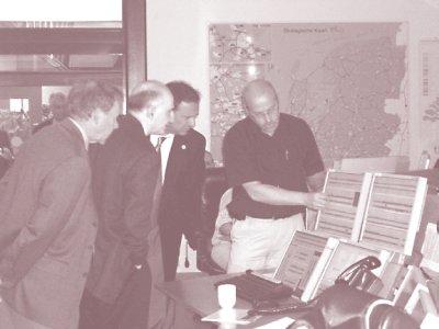Photo of scan team members looking at monitors at the National Traffic Control Center in Utrecht, Netherlands.