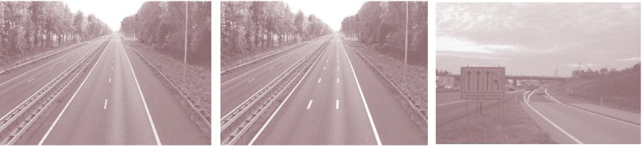 Three photos of roads with dynamic lane marking in the Netherlands.