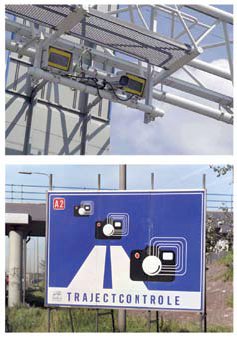 Photos of an automated speed enforcement system and sign installed at a testing site in the Netherlands.