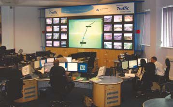 Photo of the interior of the National Traffic Control Center in Birmingham, England.