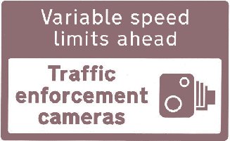 Automated speed enforcement sign in England reading 'variable speed limits ahead-traffic enforcement cameras.'