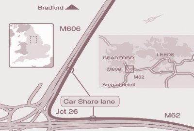 Illustration of M606-M62 HOV gate design, which converts the hard shoulder at the junction of M62 and M606 to an HOV lane.