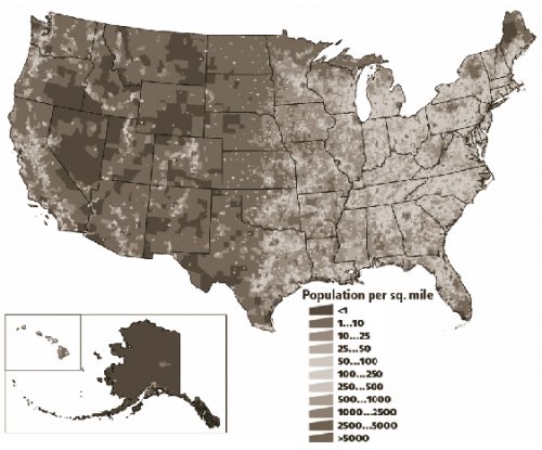  Map of U.S. population density based on 2000 census data.