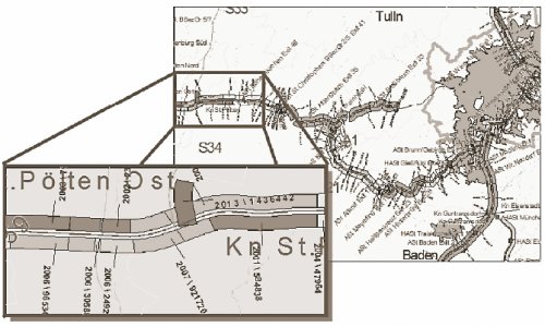 Map generated by Austrian pavement management software illustrating road condition by pavement section on the A1 motorway.