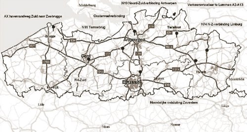 Map of major roads in the Flemish region of Belgium.