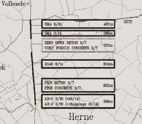 Map of field test locations of low-noise surfacings in Belgium in 1996.