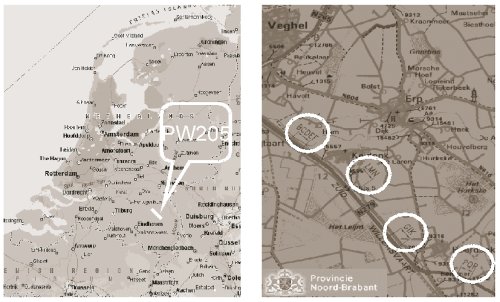 Two maps showing locations of exposed aggregate test sections in the Netherlands.