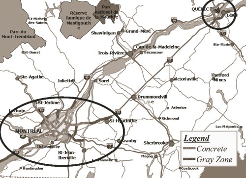 Map of concrete and "gray zone" routes in Québec.