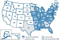 Map of the United States showing 28 eastern States and the District of Columbia covered by CAIR. Covered for ozone and particles are Alabama, Delaware, District of Columbia, Florida, Illinois, Indiana, Iowa, Kentucky, Louisiana, Maryland, Michigan, Mississippi, Missouri, New Jersey, New York, North Carolina, Ohio, Pennsylvania, Tennessee, Virginia, West Virginia, and Wisconsin. States covered for ozone only are Arkansas, Connecticut, Massachusetts, and Rhode Island. States covered for particles only are Georgia, Minnesota, and Texas.