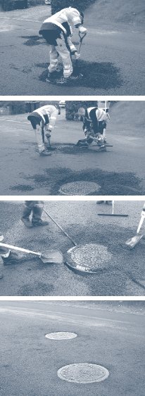 Four photos of workers doing handwork with WMA around manhole.