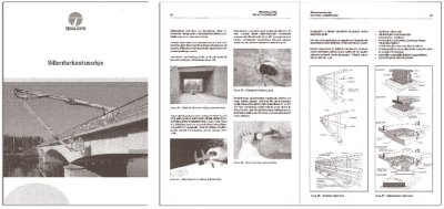 Cover and two sample pages from the Finnra Guidelines for Bridge Inspection that include diagrams of how to perform inspections and typical structural details.