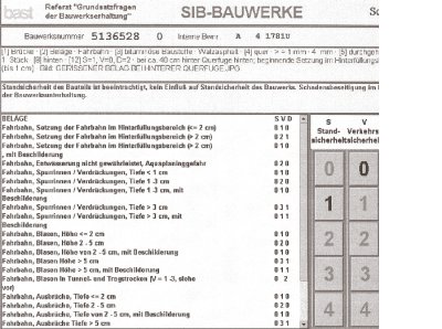 Screenshot of SIB-Bauwerke Release 2006 showing inspector-generated rating page.