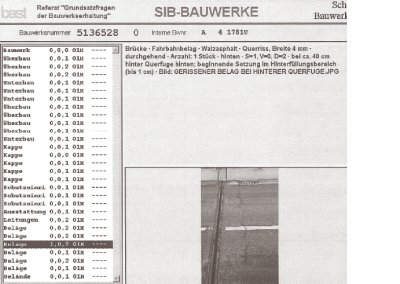 Screenshot of SIB-Bauwerke Release 2006 showing cataloged damage to bridge deck joint.
