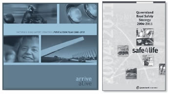 Publication covers of state strategic road safety plans in Australia, including Arrive Alive and Safe4Life.