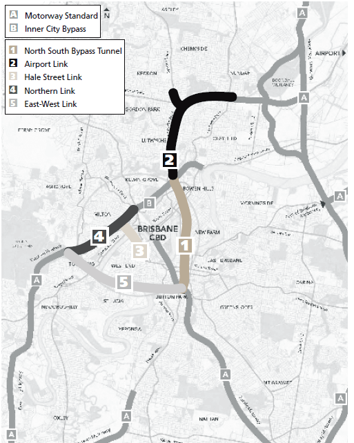 Map of project recommendations from TransApex study in Brisbane. Map shows proposed links: North-South Bypass Tunnel, Airport Link, Hale Street Link, Northern Link, and East-West Link.