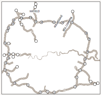 Map of the M25 orbital roadway surrounding London.