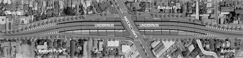 Illustration of North-South Transport Corridor in Adelaide, South Australia, with Anzac Highway underpass.