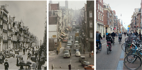 Pictures of Traffic in Amsterdam from the 1930s,1950s, and 2017 - Description: The first picture is a black and white picture of a street in Amsterdam filled with people walking in the streets in the 1930s. The second picture is a picture of a street full of cars in the 1950s. The third picture is a picture of the same street in Amsterdam in 2017 filled with cyclists.
