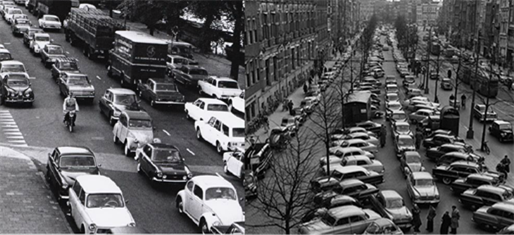 Figure 6: Amsteldijk 61 and Amsterdam in the laste 1960s beginning 1970s - Description: Two black and white pictures showing lines of traffic and roads packed with cars 