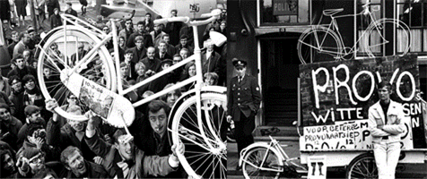 Figure 8-9 Provos and the Witte Fietsen ( White Bicycles) - Description: Picture of a crowd raising up a white bike and a picture of an officer standing next to a man leaning on a sign that says Provos