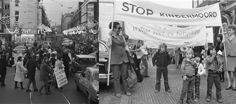 Figure 10-11 Protests in 1970s - Description: The first picture is a picture of people protesting on the street with signs, and the second picture is a picture of kids standing under a large white protest banner. 