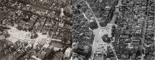 Figure 12-13 Nieuwmarkt in 1930 and 1950 - Description: Two pictures of the aerial view of the city of Nieuwmarkt
