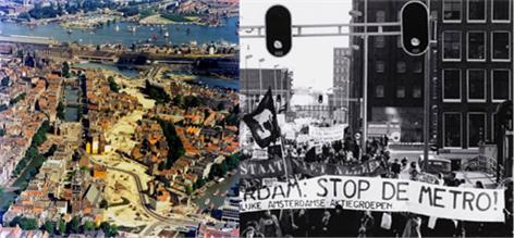 Figur 16-17 Nieuwmarkt 1975 for the construction of the metro line - Description: The first picture is a color picture of the aerial view Nieuwmarkt in 1975, and the second picture is a black and white picture of a protest with a very large white banner saying "Stop the metro !"