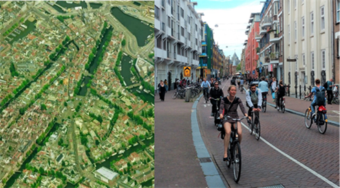 Figure 18-19 Nieuwmarkt in 2010 and 2015 after the policy change - Description: The first picture is an aerial view in color of Nieuwmarkt in 2010, and the second picture is a picture of many cyclists riding in the street in 2015.