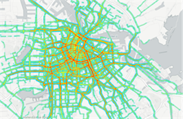 Table 3 example of bicycle data - Description: A map from an aerial view showing all routes in green and having a concentrated amount of routes in the middle in red
