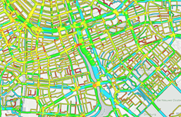 Table 3 Example of bicycle data using Fietstelweek - Description: An aerial view map of all routes in green. Blue lines in the map represent faster routes and red lines in the map represent slower routes.