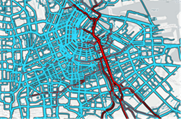 Table 3 Example of bicycle data using Fietstelweek - Description: An aerial view of a map in blue and red showing origin and destination bicycle data collected.