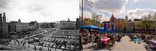 Figure 34-Neude 1964 and 2015 (Utrecht) - Description: A black and white photo picturing two streets surrounded by residential areas and a large parking lot. Second picture shows residential buildings next to a large open space filled with eating tables.