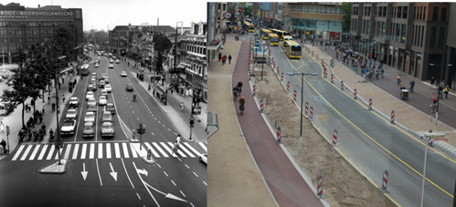 Figure 35- Vredenburg 1964 and 2015 (Utrecht) - Description: A black and white photo picturing a 5-lane road surrounded by buildings with active traffic. The second picture is a 2-lane road with buses on it and a bike lane to the left of the 2-lane road.