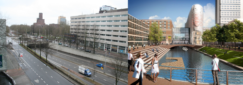 Figure 36-Catharijnesingel 2000 and 2018 ( Utrecht) - Description: Three roads with the middle road leading to a tunnel surrounded by large buildings. The second picture shows 2 large walking spaces and a body of water with a boat coming from under a tunnel. 
