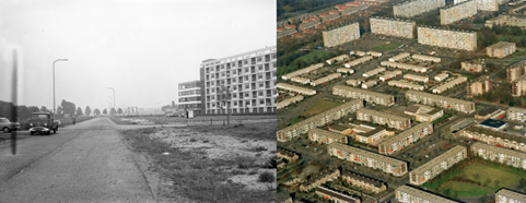 Figure 39-40 Before and after the intervention - Description: A black and white picture from 1966 of a wide road with one car and a large green space with 2 buidings on the other side of it. The second picture from 1994 pictured an aerial view of a large amount of rectangle buildings