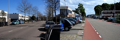 Figure 39-40 Before and after the intervention - Description: The first picture is from 2013 and shows a 2-lane street with cars parked along the side of it, and buildings surrounding it.