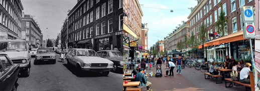 Figure 46-47 Eerste van der Helstraat - Description: The first picture is a black and white picture of a street packed with cars. Half of the cars are parked on the street and the other half of the cars are on the road. The second picture is a street lined with restaurants and outdoor tables, with people walking down the road.