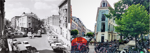 Figure 48-49 Gerard Douwstraat(1982-2017) - Description: The first picture is a black and white picture of two roads merging together around a line of buildings. Alongside these buildings many cars are parked. The second picture is a forward view of the same line of buildings pictured before with large amounts of bikes parked around them.