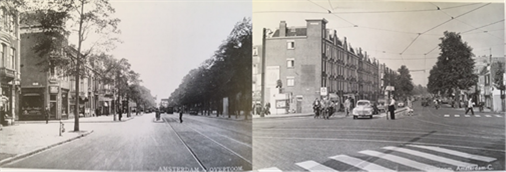 Figure 52-53 Overtoom in the 1940s - Description: Side by side black and white pictures of two streets with buildings lining them. Very few cars and many cyclists are out on the road.