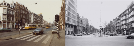 Figure 54-55 Overtoom in 1982 and 1971 - Description: The first picture is a street line with large housing wth multiple public transit buses on the road. The second picture is of two roads merging into one with buildings surrounding it.