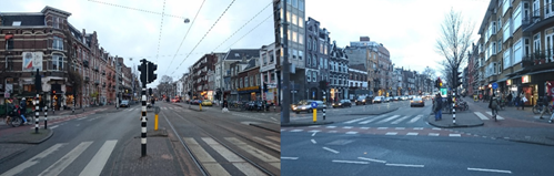 Figure 56-57 Overtoom in 2016 - Description: The first picture shows a road lined with buildings with a line of poles and road signals separating the two streets. The second picture is the same street with buildings surrounding it from a different angle. 